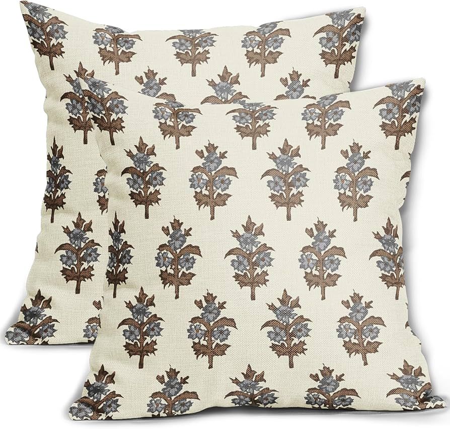 sorfbliss Brown Grey Gray Floral Pillow Covers 18x18 Set of 2 Spring Summer Flower Leaves Print D... | Amazon (US)