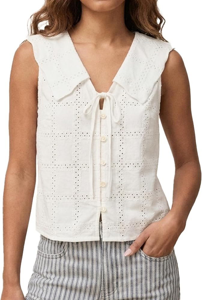 Womens Embroidered Tank Tops Eyelet Collared Button Down Shirts | Amazon (US)