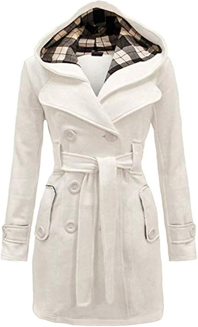 GORIFE Women Double Breasted Faux Fur Pea Coats Solid Thick Hooded Lapel Jackets With Belt | Amazon (US)