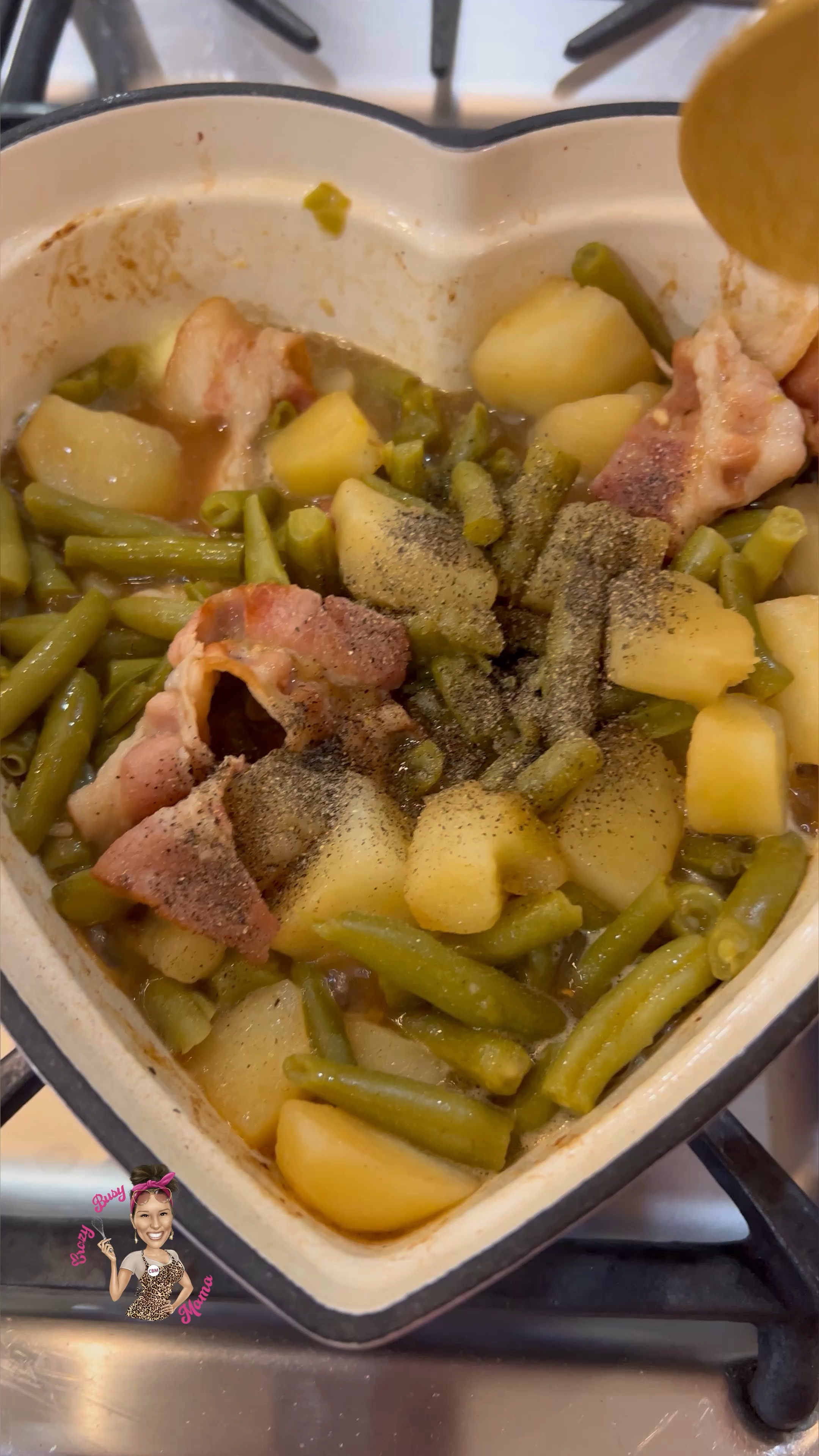 Love this little heart Dutch oven to make my Green Beans & Potatoes! Such a delicious meal or side! And would make the perfect holiday gift for that #CrazyBusyMama in your life!!

Here is how you make it:

CBM Green Beans &
Potatoes
4 pieces of bacon
1/2 Tbsp of minced onion (1/2 onion chopped)
1 minced garlic clove
1-2 diced potatoes
3/4 cup beef broth
2 cans of Green Beans
Pepper to taste
2 Tbsp butter
Cook bacon with onion for 5 mins
Add potatoes & broth and bring to simmer for 5-7 mins until potatoes are tender
Simmer combined over the stove top for 10

#LTKVideo #LTKfindsunder50 #LTKhome