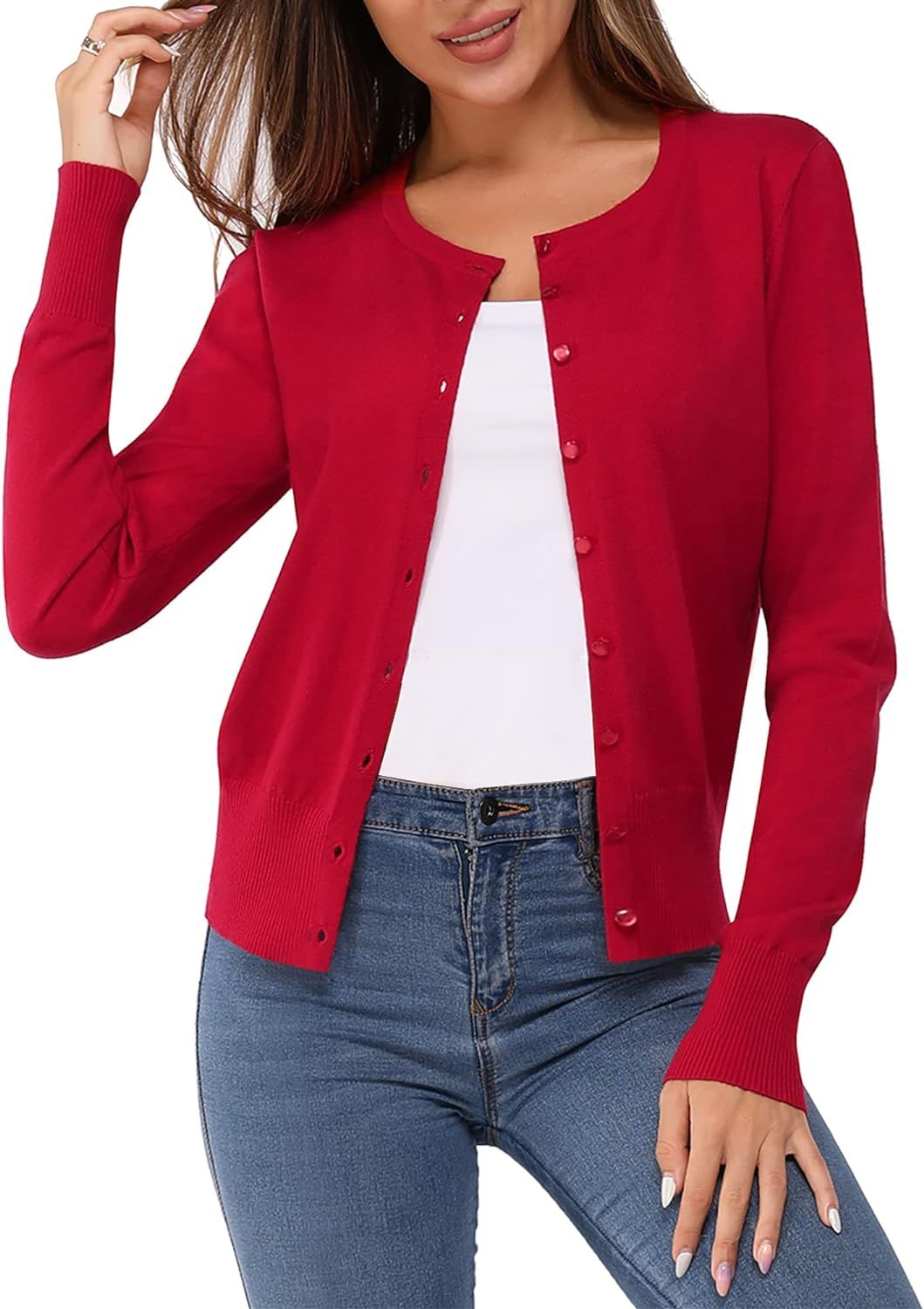 Newshows Women's Solid Button Down Long Sleeve Classic Crew Neck Knit Cardigan Sweater | Amazon (US)