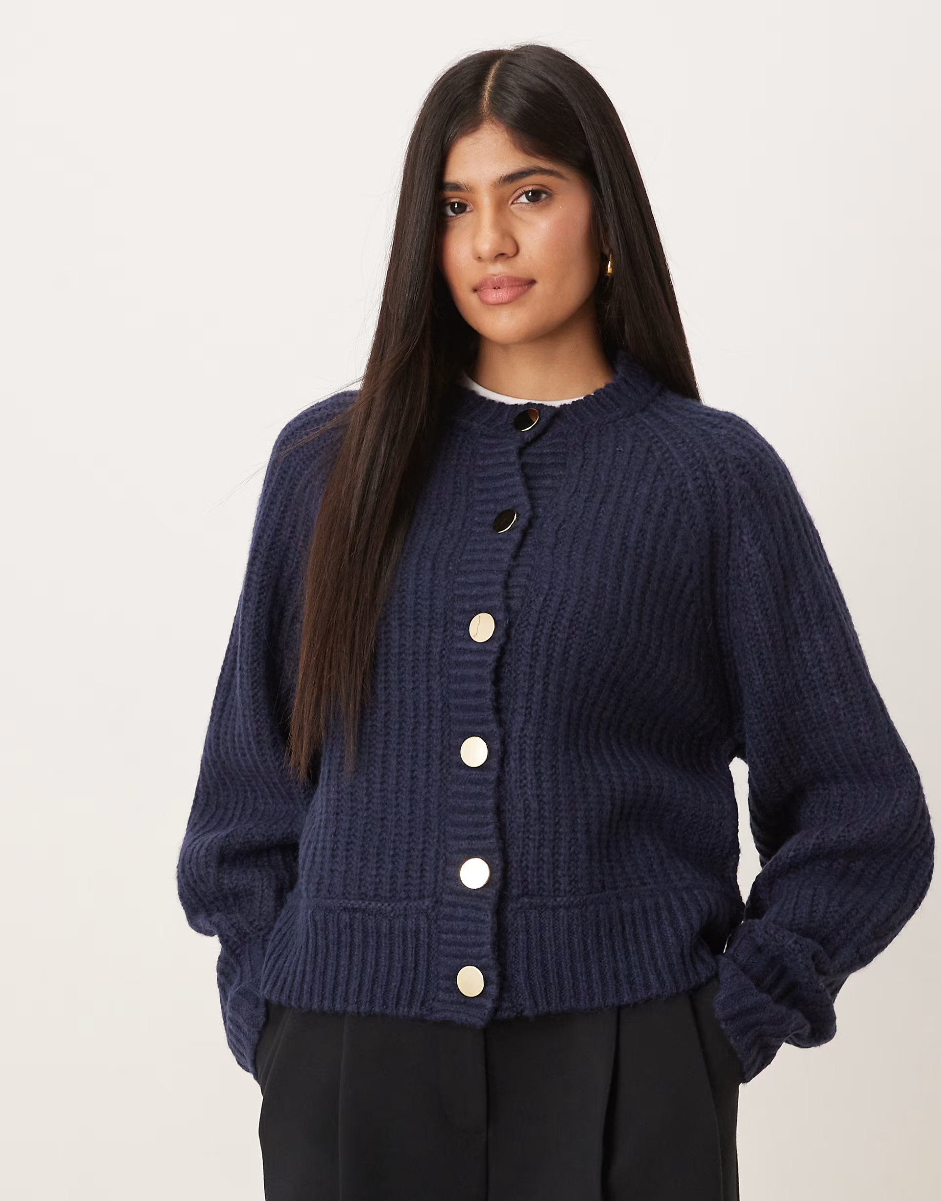 ASOS DESIGN knitted fisherman rib cardigan with raglan detail in navy | ASOS | ASOS (Global)