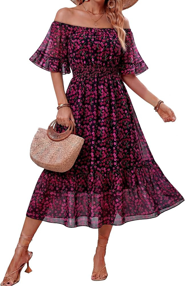 Women's Summer Boho Off Shoulder Midi Dress Ruffle Sleeve Smocked Elastic Waist Flowy Dresses | Amazon (US)