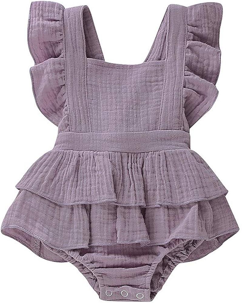 Douhoow Infant Baby Girl Romper Baby Ruffle Bodysuit Jumpsuit One-Piece Cotton Linen Clothes | Amazon (US)