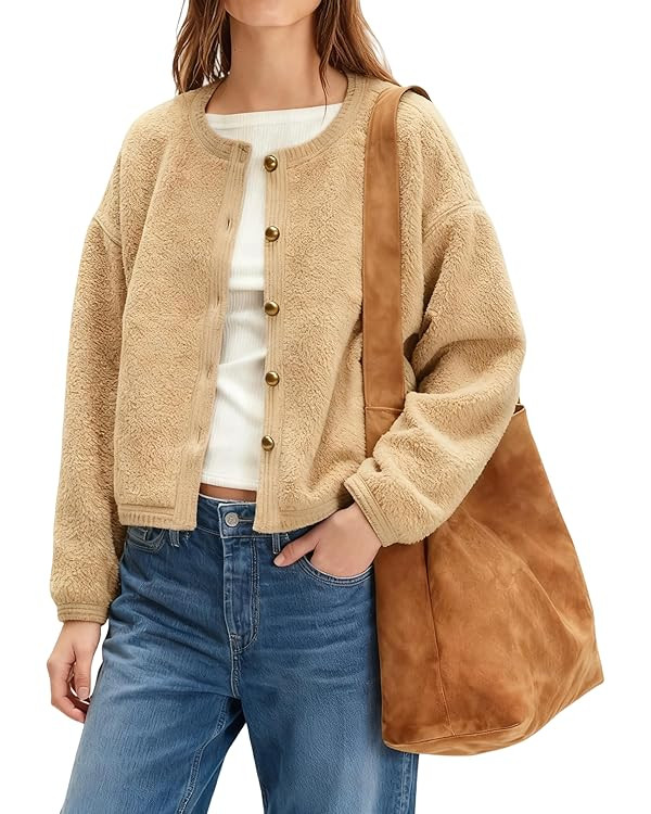 Majdan Womens Cropped Sherpa Cardigan Fuzzy Fleece Jacket Warm Casual Winter Outwear with Pockets | Amazon (US)