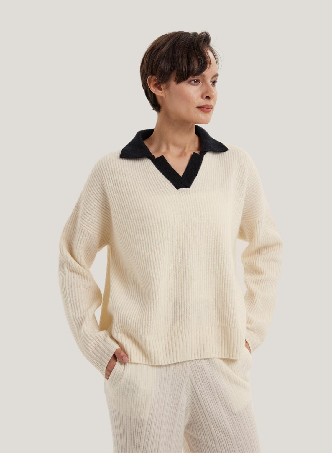 Contrast Collar 100% Cashmere Polo Sweater | Gentle Herd