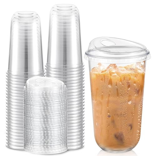 Baderke 50 Pcs Plastic Cups with Sip Lids Round Bottom Disposable Plastic Coffee Cups with Lids Clear Strawless Crystal Mugs for Iced Coffee Smoothie Cold Beverage Party Catering Supplies (18 oz) | Amazon (US)