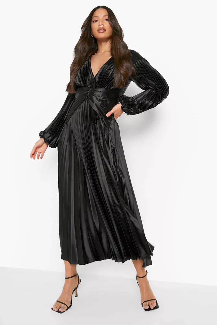 Tall Satin Pleated Midi Occasion Dress | Boohoo.com (US & CA)