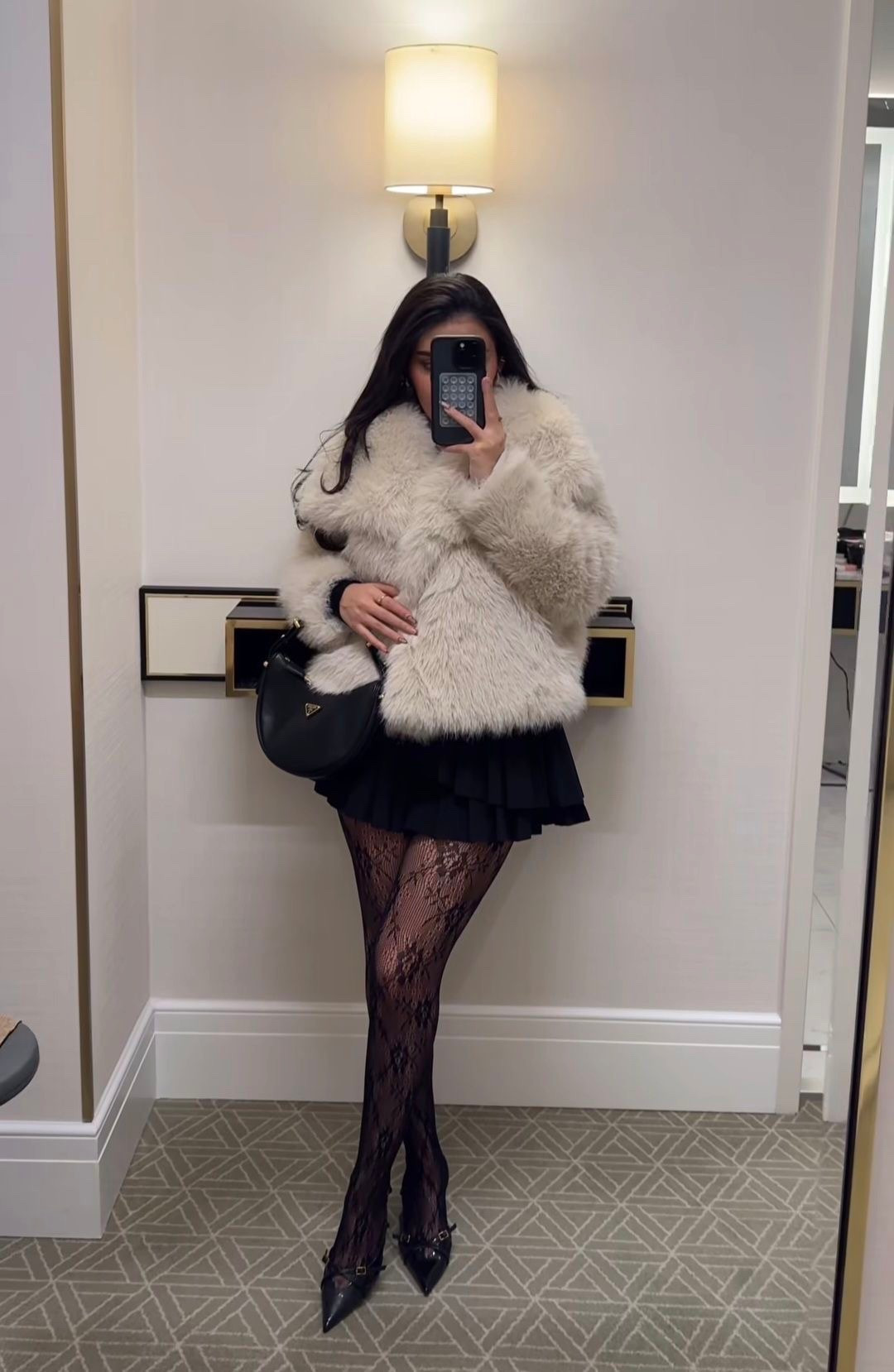 Grey fur coat 
Black a line skirt
Black floral stockings

#LTKSeasonal #LTKHoliday #LTKootd