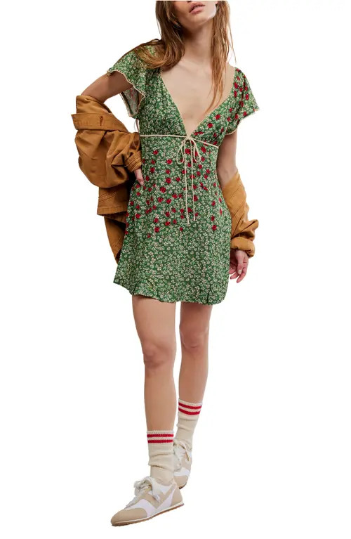 Free People Backroads Floral Flutter Sleeve Mini Sundress in Forest Combo at Nordstrom, Size Medium | Nordstrom