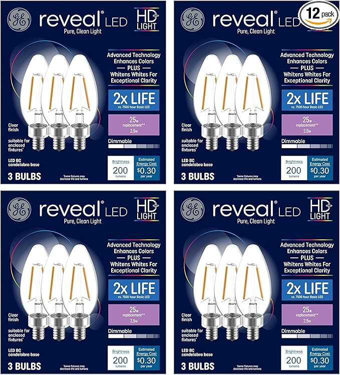 GE Lighting (12 Bulbs) GE 42465 Reveal LED Chandelier Bulb, 200 lumens, 2.5 watts, Candelabra Bas... | Amazon (US)