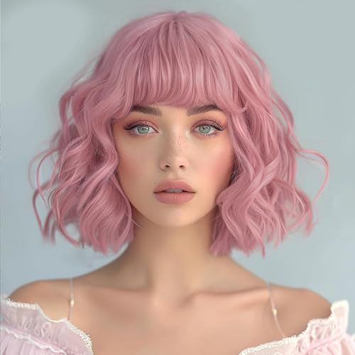 AISI HAIR Pink Wig with Bangs Short Bob Wavy Pastel Pink Wigs for Women Curly Shoulder Length Bob Synthetic Natural Looking Wigs for Girls Daily Use | Amazon (US)
