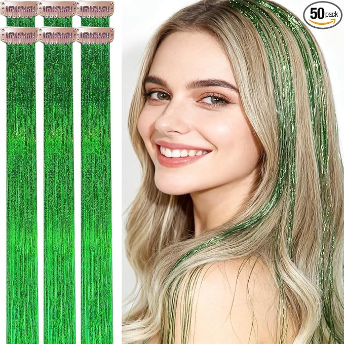 Green Hair Tinsel,Clip In,Heat Resistant,24Inch 80 Strands per Piece, Fairy Hair Strands for St. ... | Amazon (US)