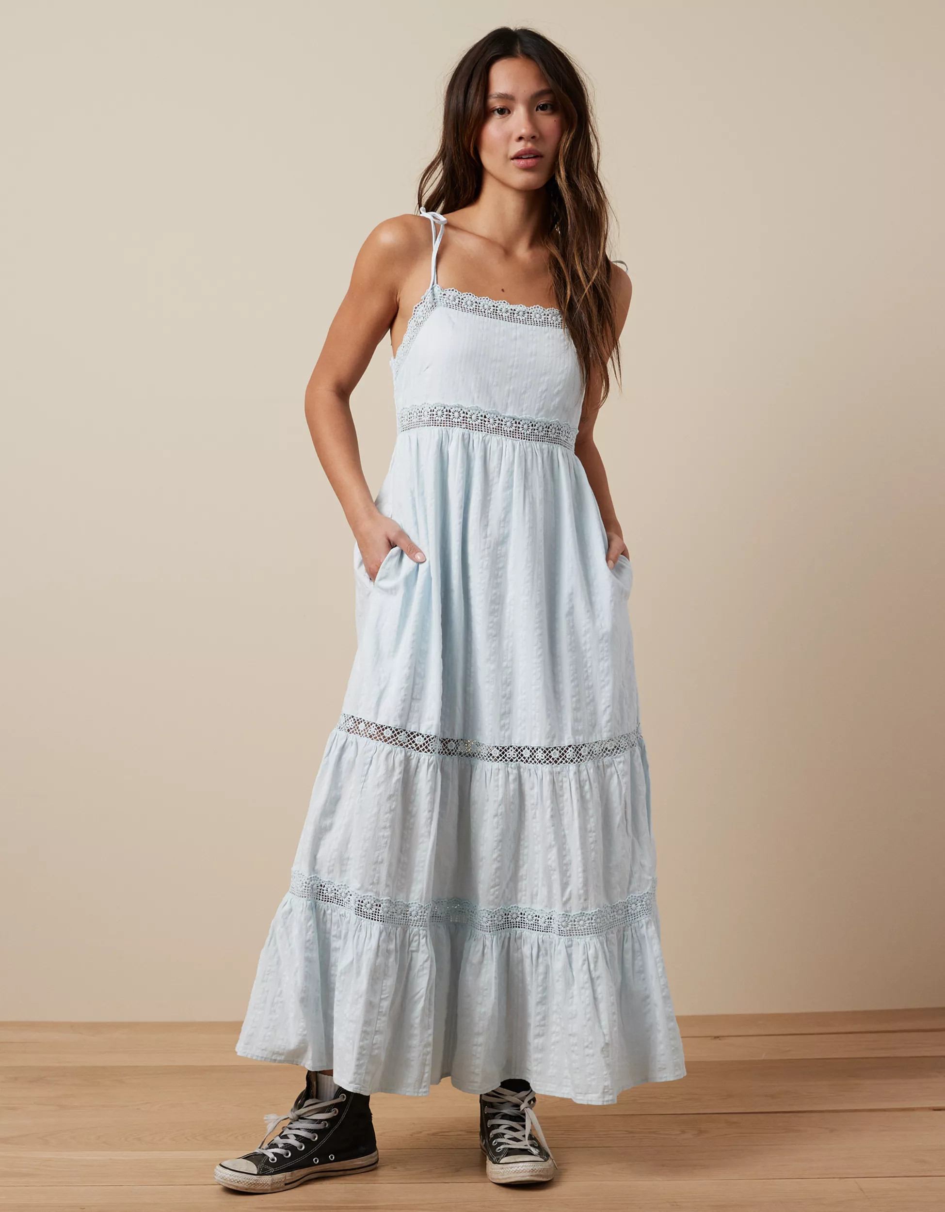 AE Tie Strap Tiered Midi Dress | American Eagle Outfitters (US & CA)