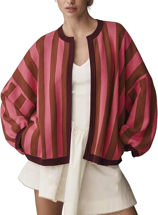 Yimoon Striped Cardigan Sweaters for Women Balloon Sleeve Sweater | Amazon (US)
