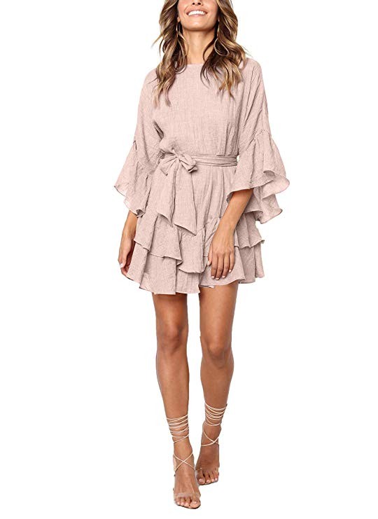NERLEROLIAN Women Tunic Tshirt Dress Casual Loose Style Mid Sleeve Ruffle Belt Mid Sleeve Dress | Amazon (US)