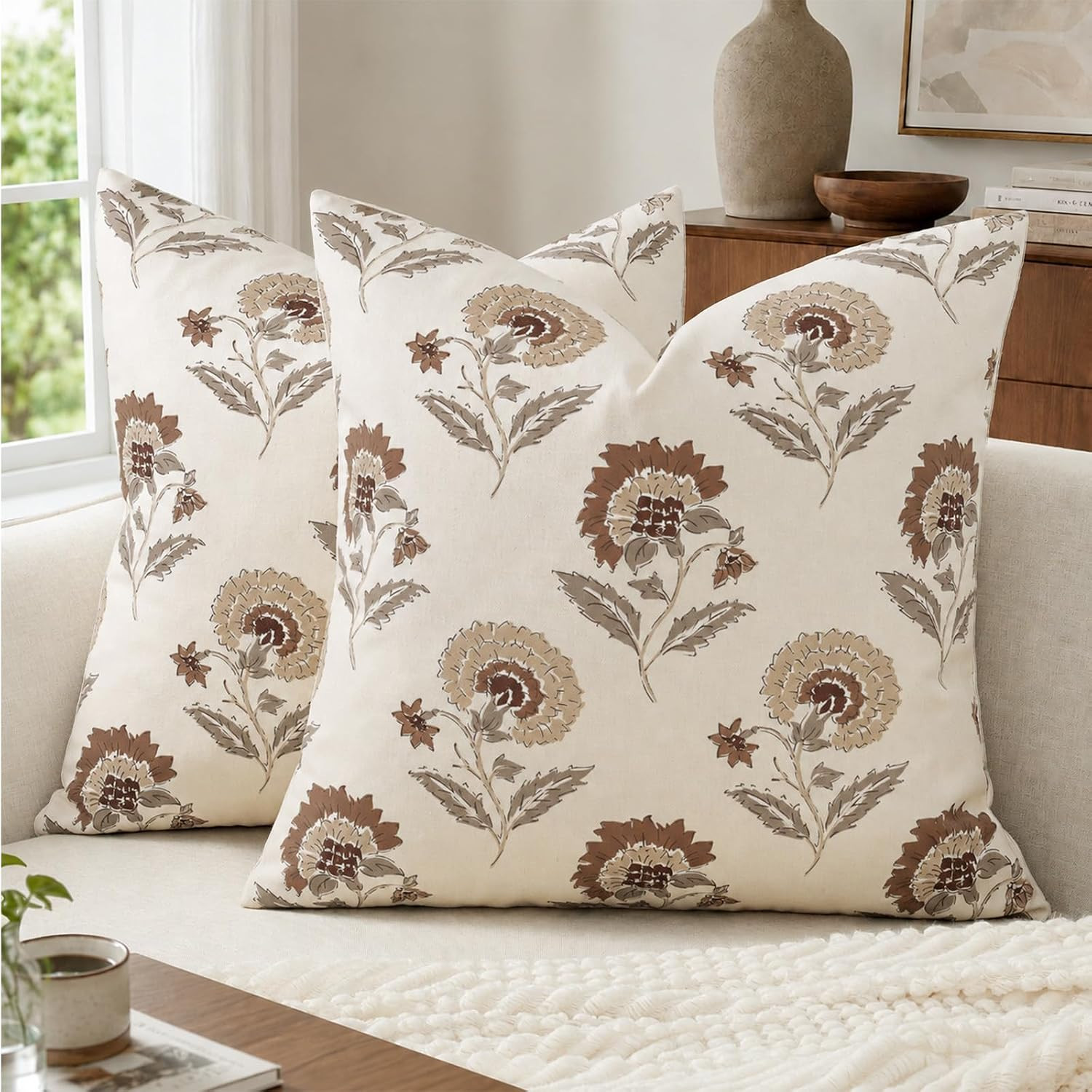 Vintage Throw Pillow Covers 20x20 Set of 2, Cotton Floral Pillow Cover Botanical Patterned Decorative Cushion Covers Modern Farmhouse Home Decor for Sofa Couch Bed Living Room, Autumn Bloom | Amazon (US)