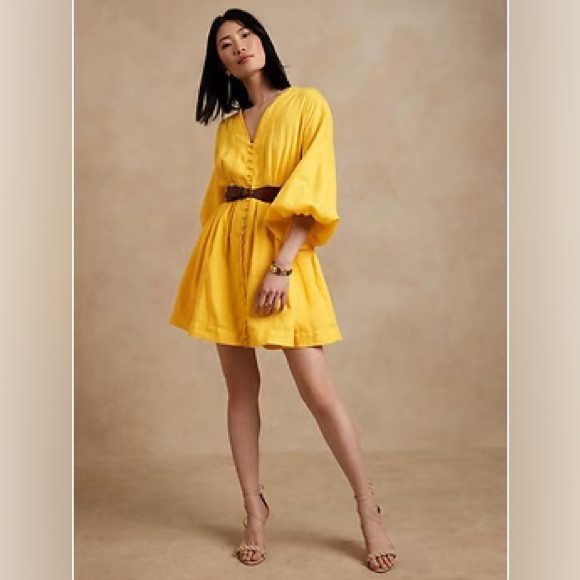Banana republic 100% linen ballon sleeve dress yellow umbrella | Poshmark