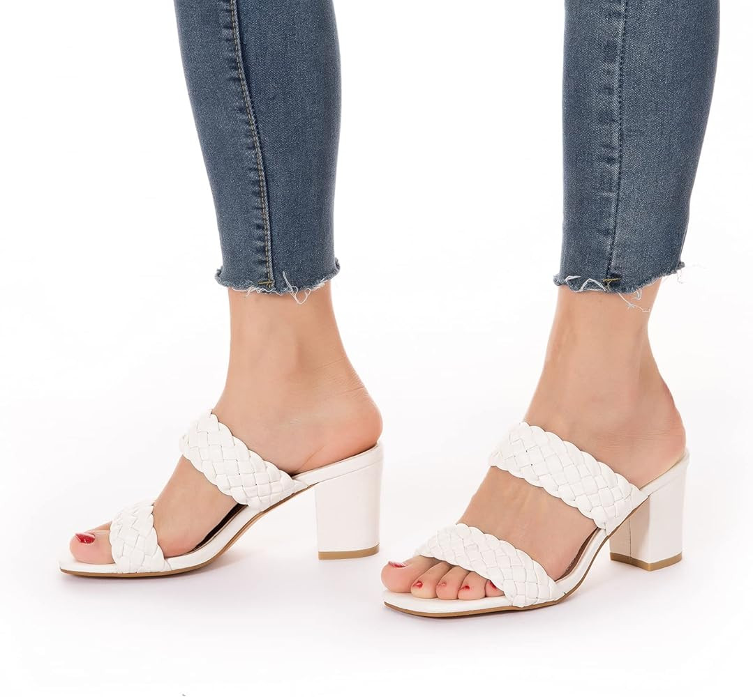 Women Heels Sandals Woven Chunky Heels Braided Nude Square Toes Leather Comfortable Strappy Dress Ca | Amazon (US)