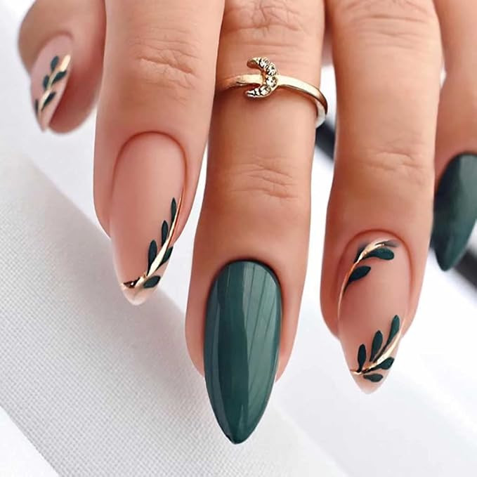 RikView Fall Press on Nails Long Acrylic Almond Fake Green Full Cover For Women | Amazon (US)