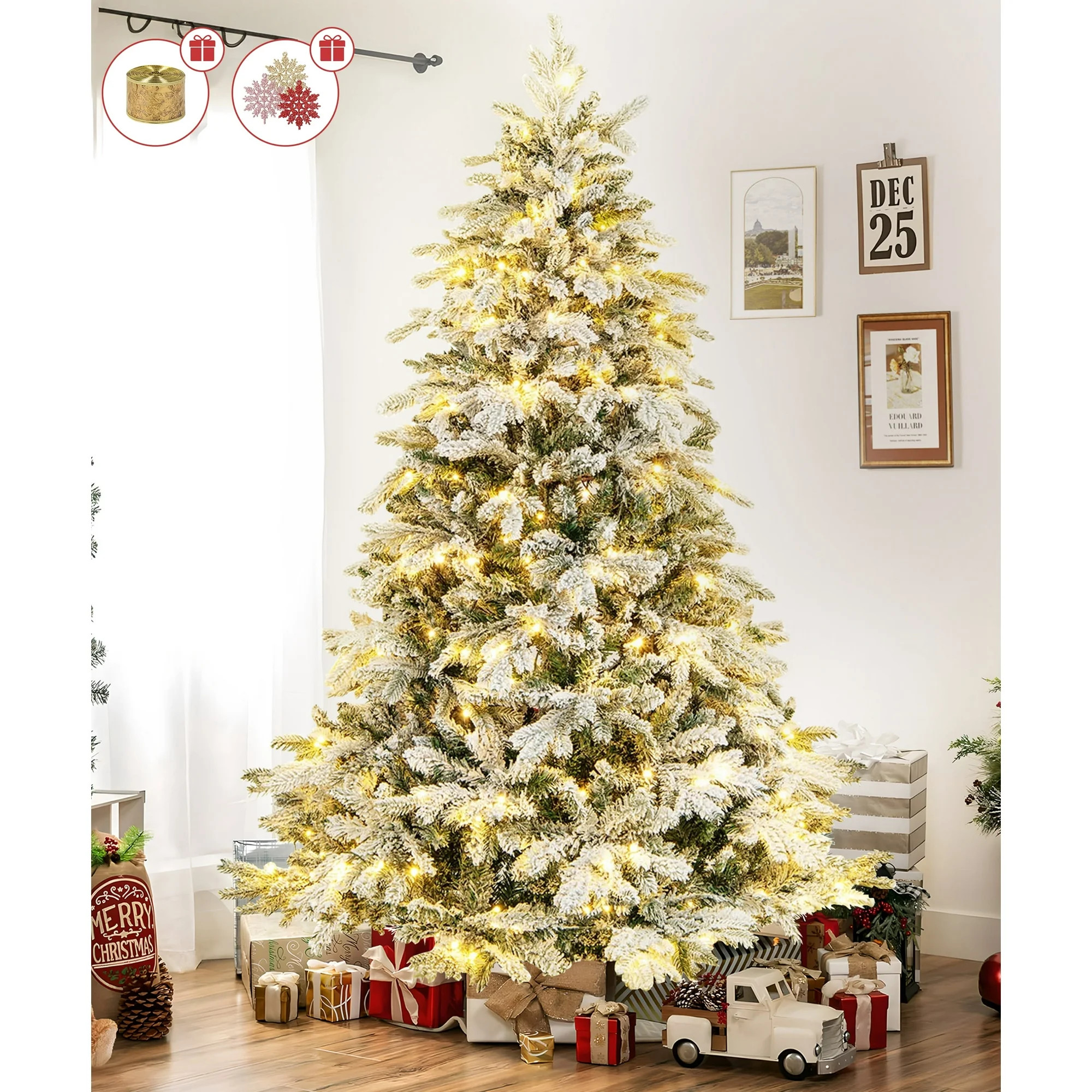 Vrilay 6ft Pre-Lit Snow Flocked Artificial Christmas Tree w/ 1000 Tips 300 Lights, Gold Ribbon & ... | Walmart (US)