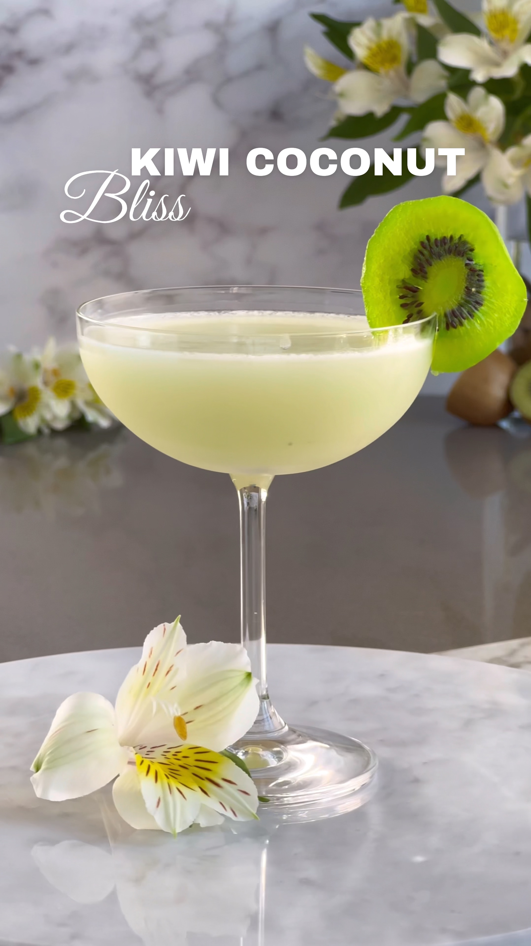 KIWI COCONUT BLISS

- 1 — Kiwi
- 2 oz. — White Rum
- 0.75 oz. — Coconut Cream
- 0.75 oz. — Fresh Lime Juice
- 0.5 oz. — Elderflower Liqueur
- 1 Bar spoon — Coconut Flakes

#LTKhome #LTKVideo #LTKparties