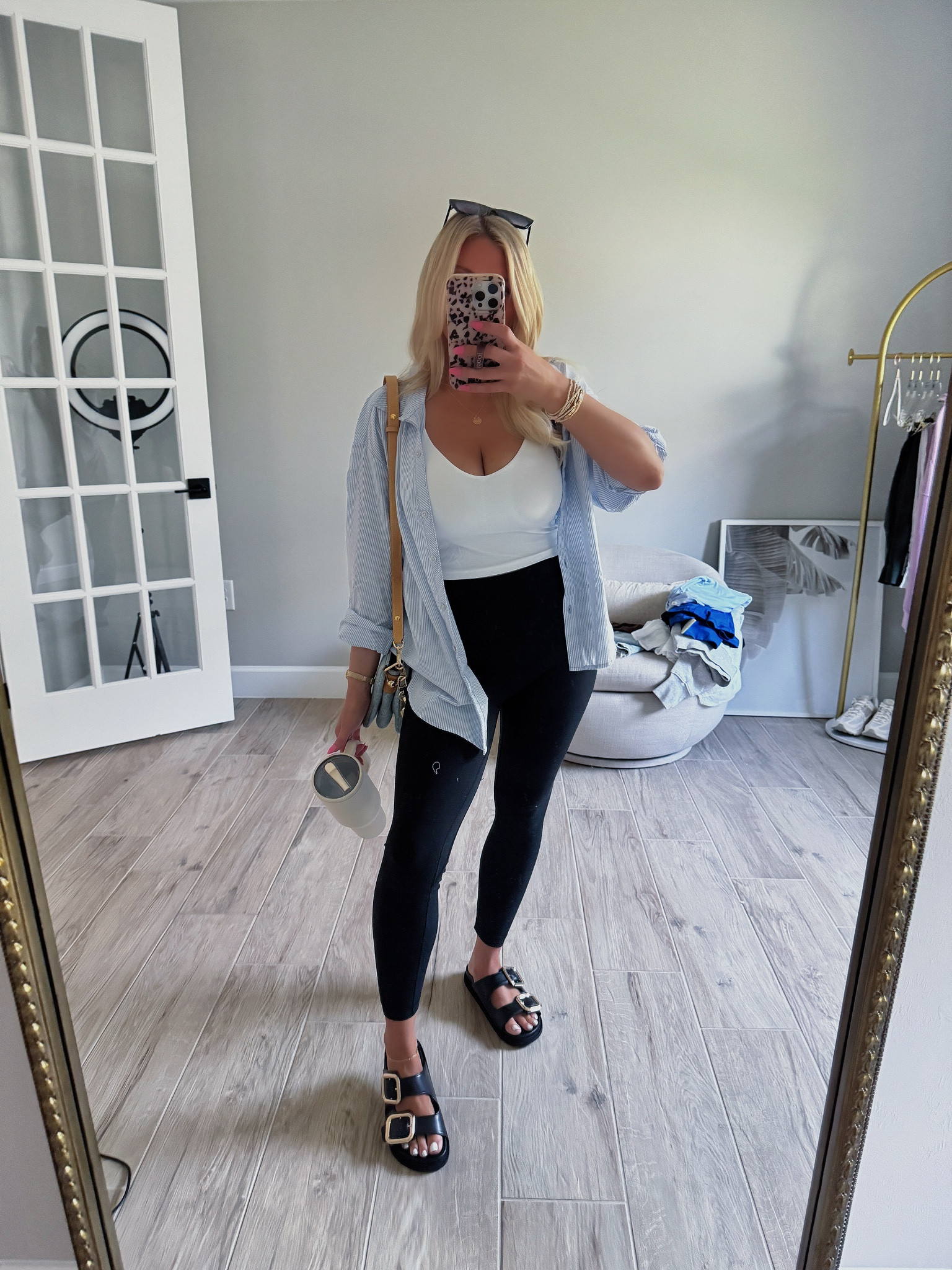 Casual everyday fit! Wearing my favorite Amazon leggings in a size medium! 

This button down is so good I just snagged the purple also, such a cute and easy casual outfit that’s perfect for travel or running errands! I did a medium in the tank I’m wearing and the target sandals are the absolute comfiest and look designer #summeroutfit #casualoutfit #momstyle #ootd 