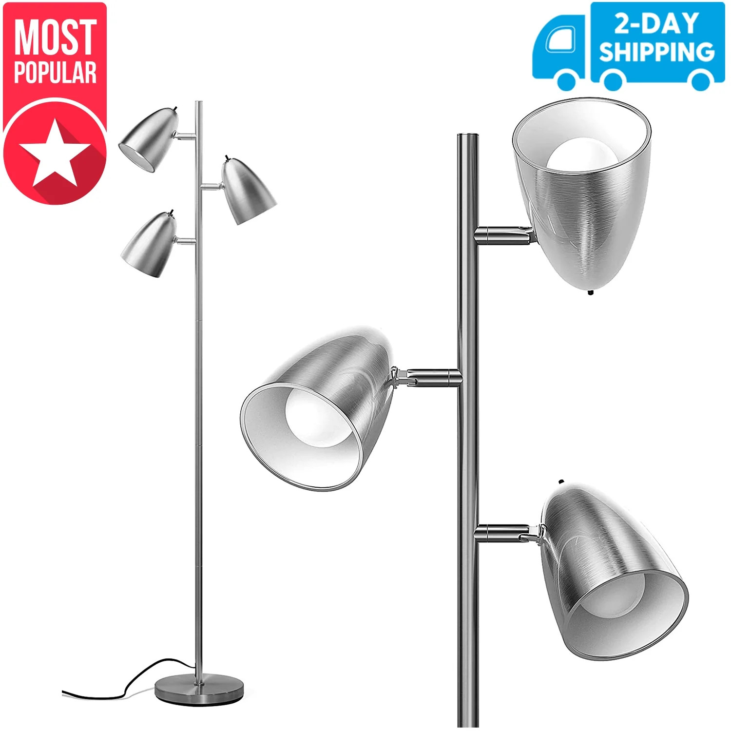 addlon Tree Floor Lamp with 3 Adjustable Rotating Lights and Matching LED Bulbs, Standing Tall Po... | Walmart (US)