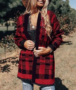 ZESICA Women's Fall Winter Long Sleeves Open Front Plaid Print Knitted Sweater Cardigan Coat Ou... | Amazon (US)