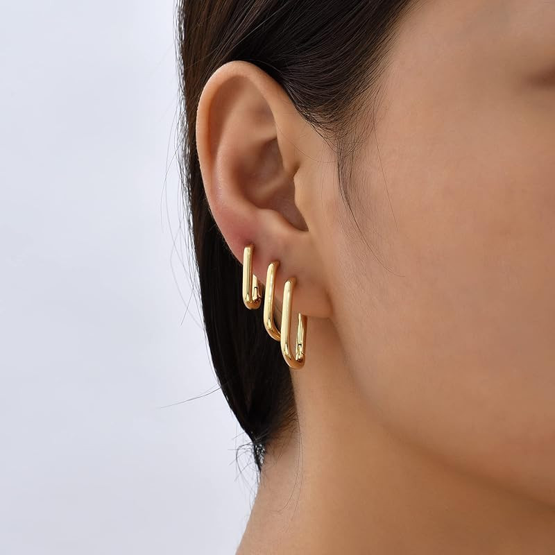 Sloong 3pairs Hoop Earrings Set 14K Gold Plated Lightweight Hypoallergenic Chunky Square Star Hea... | Amazon (US)