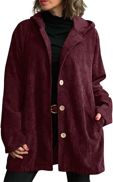 Fisoew Oversized Women Shacket Hooded Casual Boyfriend Jacket Loose Long Sleeve Corduroy Button D... | Amazon (US)