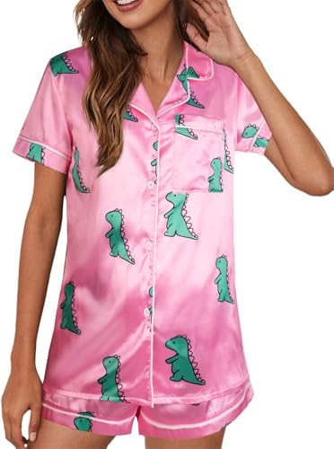 Avanova Women's Dinosaur Graphic Stain Silk Sleepwear Short Sleeve Summer Button Down 2 Piece Pajama Set Pink Dinosaur X-Large | Amazon (US)