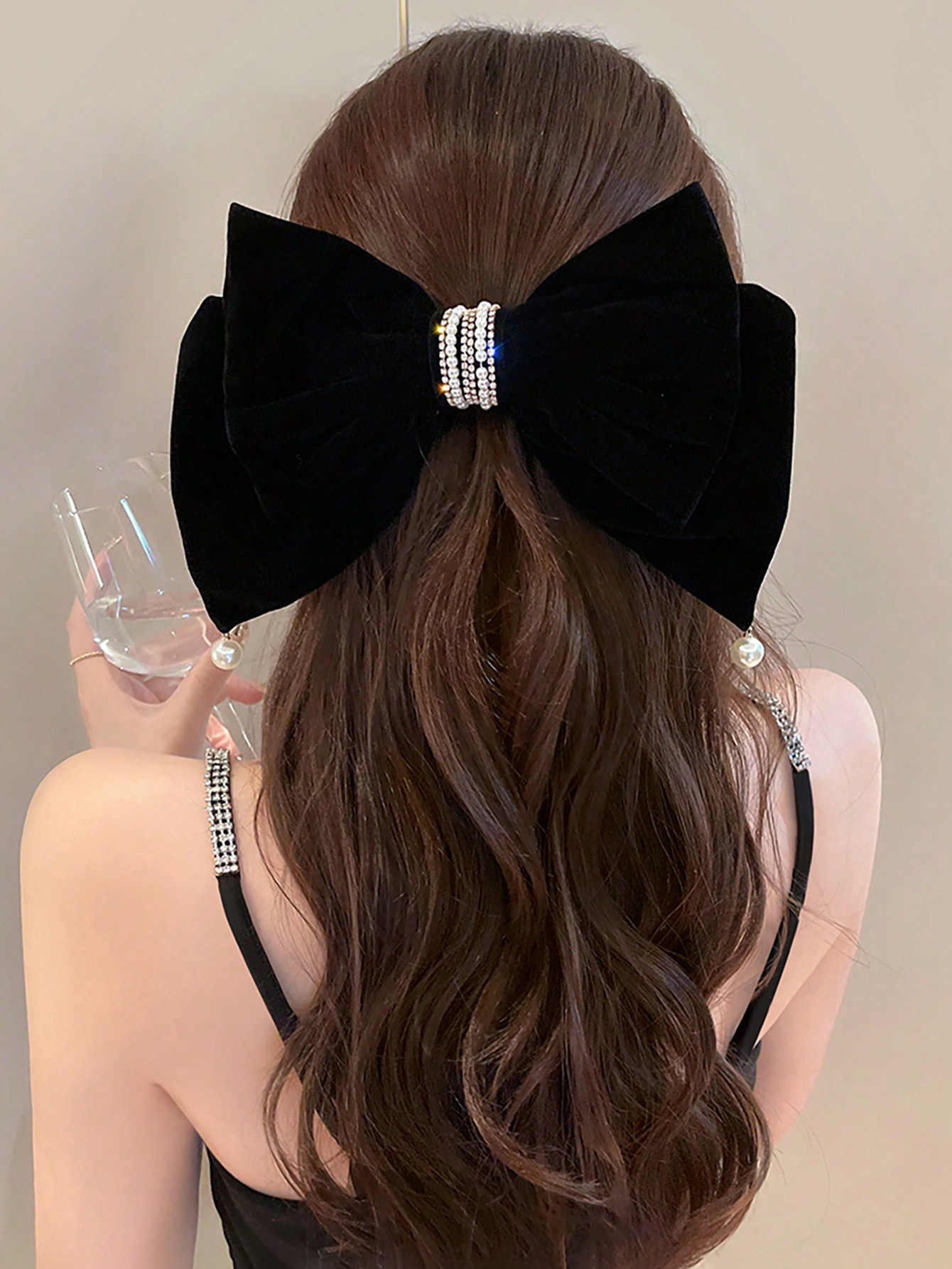 1pc Women's Solid Color Velvet Hair Clip With Large Pearl, Rhinestone & Bowknot Embellishments - ... | SHEIN