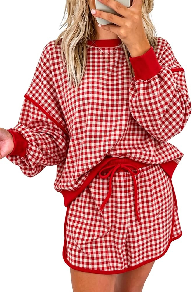 Women Oversized Ribbed Gingham 2 Piece Set Long Sleeve Top and Skort Sets | Amazon (US)