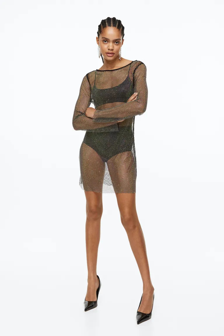 Rhinestone-embellished Fishnet Dress - Black/rhinestones - Ladies | H&M US | H&M (US + CA)