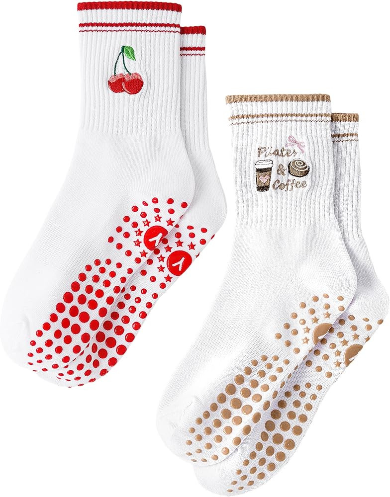 Yawlsow Pilates Grip Socks for Women Yoga Grippy Socks Cute Barre Non Skid Athletic Crew Sticky S... | Amazon (US)