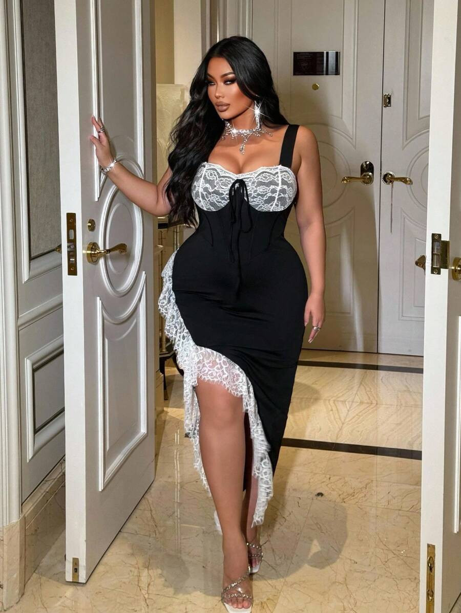 NU&NOW Plus Size Women's Contrast Color Lace Patchwork Sexy & Elegant Slit Fitted Long Dress Nigh... | SHEIN