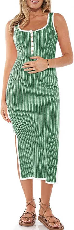 Summer Maternity Dress Rib Knit Sleeveless Button Bodycon Nursing Dresses Side Slit Stretchy Preg... | Amazon (US)