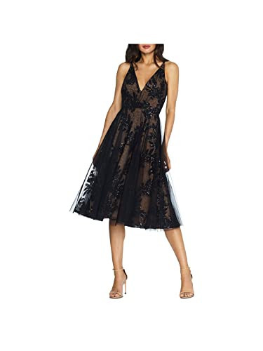 Dress the Population womens Courtney Sleeveless Veiled Fit & Flare Midi Dress, Blacknude, X-Small US | Amazon (US)