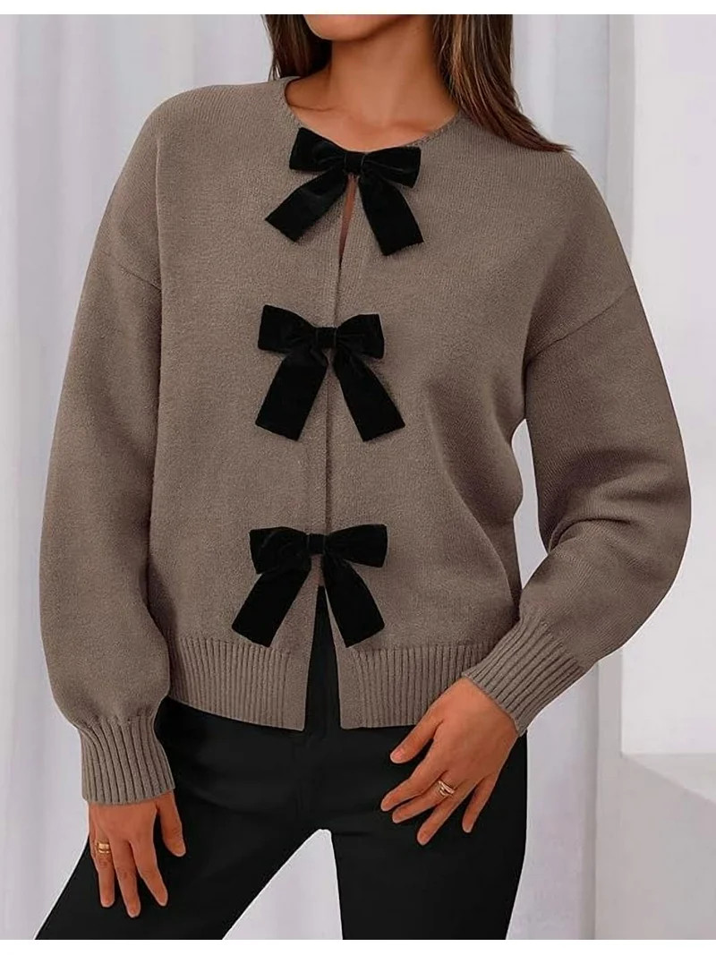PRETTYGARDEN Cardigan Sweaters for Women Fall Bow Tie Front Long Sleeve Knit Sweater Tops Cute Go... | Walmart (US)