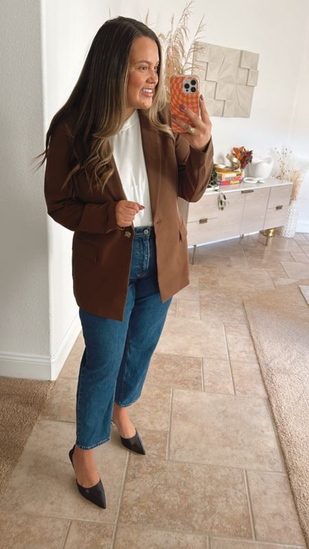easy fall outfit idea. wearing size L in the amazon blazer! paired with my favorite curve love jeans and white tee. new pumps for the fall - perfect heel height and super comfortable  

#LTKSeasonal #LTKmidsize