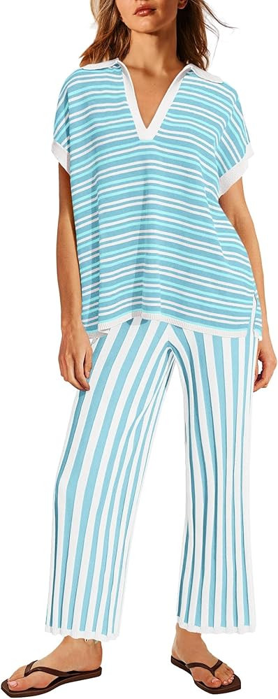 ReachMe Womens Summer Lounge Sets 2 Piece Travel Outfits Striped Pajamas Short Sleeve Shirts and ... | Amazon (US)
