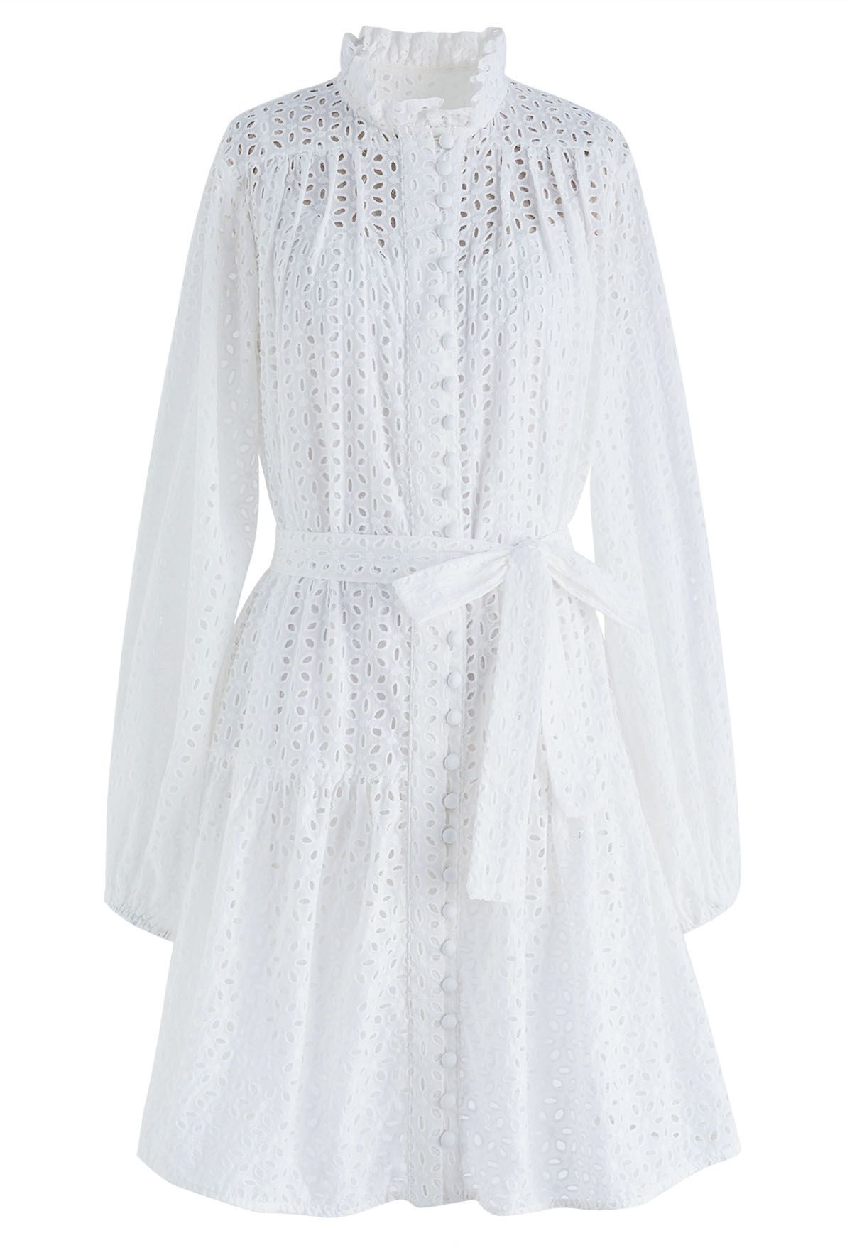 Floral Cutwork Button Down Belted Long-Sleeve Dress in White | Chicwish