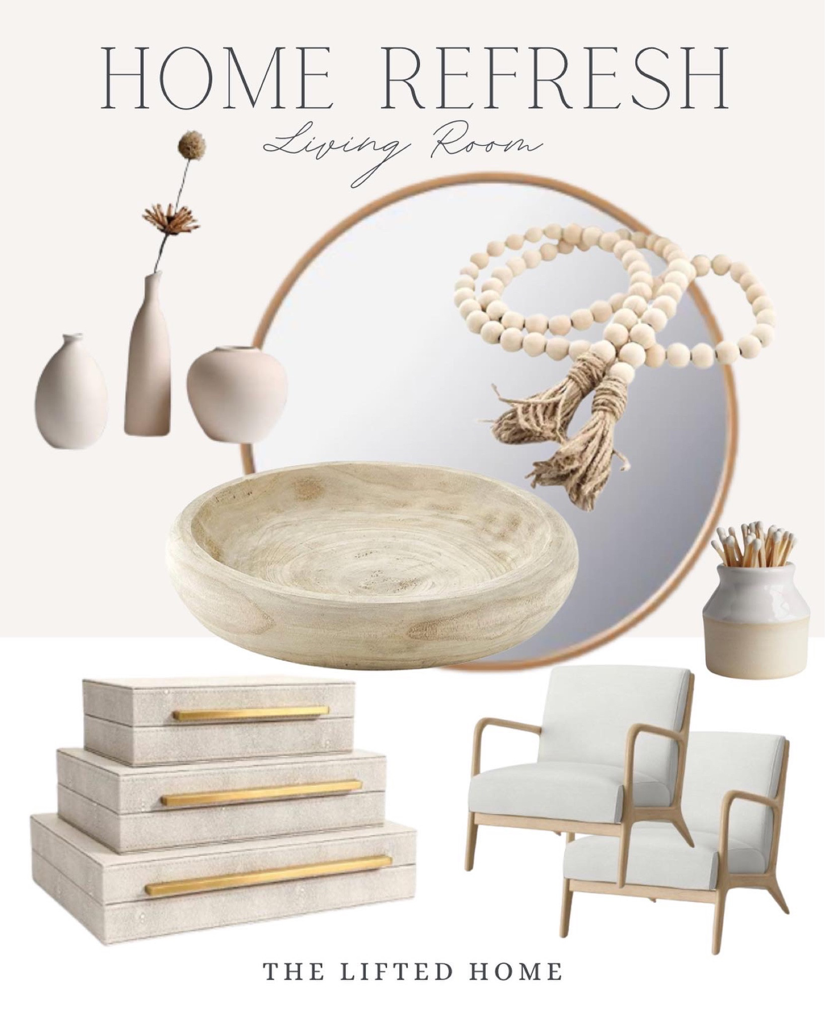 Living room refresh ideas. 

Vases, decorative boxes, round mirror, accent chairs, garland, bowl 

#LTKhome #LTKfamily #LTKFind