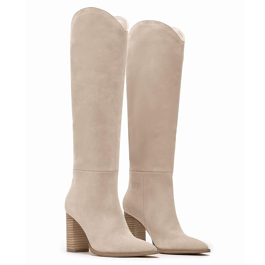 Knee High Boots Women Pull on Pointed Toe Fall Boots Slouchy Tall Wide Calf Chunky Heels Winter D... | Amazon (US)