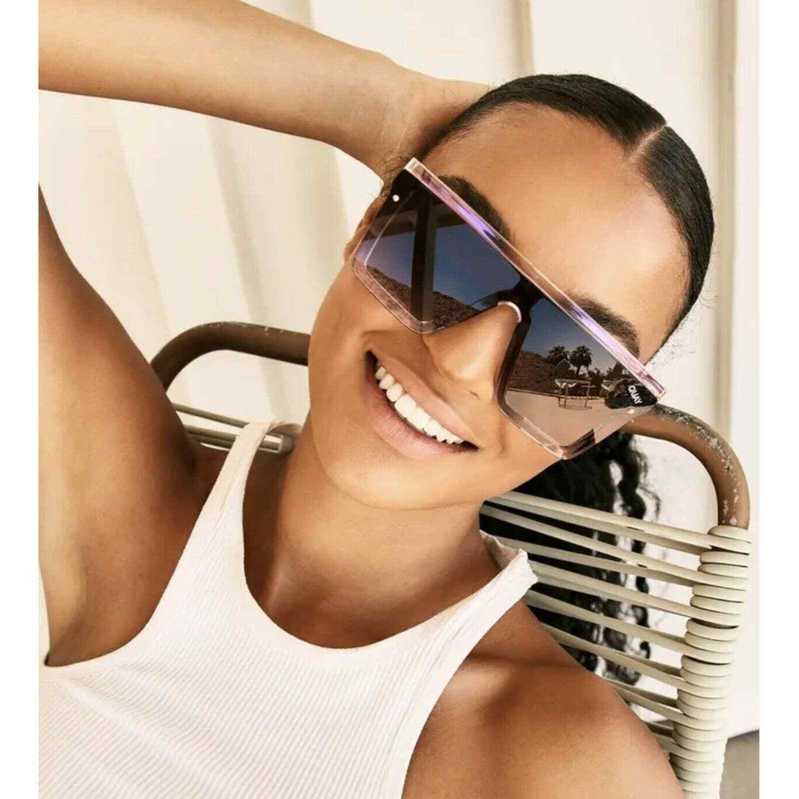 Quay Hindsight Clear Holographic Matte Black Smoke Oversized Shield Sunglasses | Bonanza (Global)