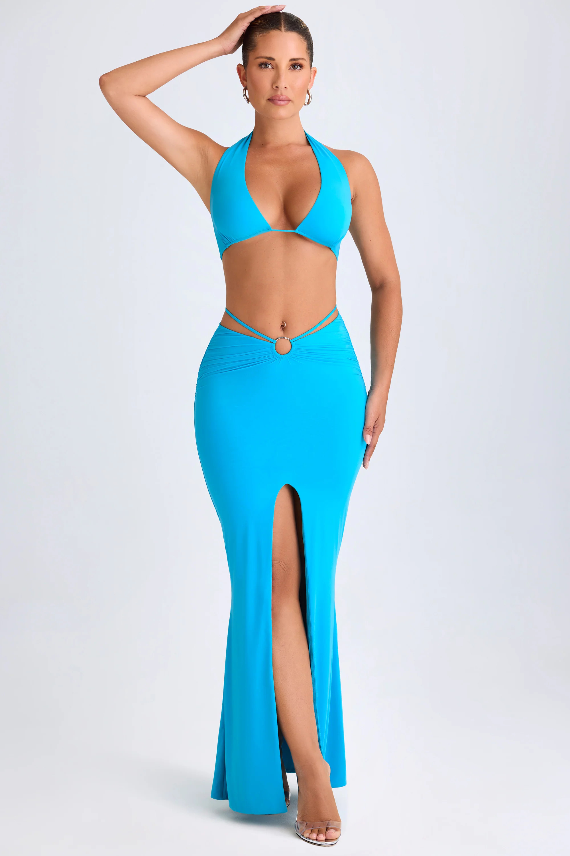 Hardware-Detail Mid-Rise Maxi Skirt in Aqua Blue | Oh Polly