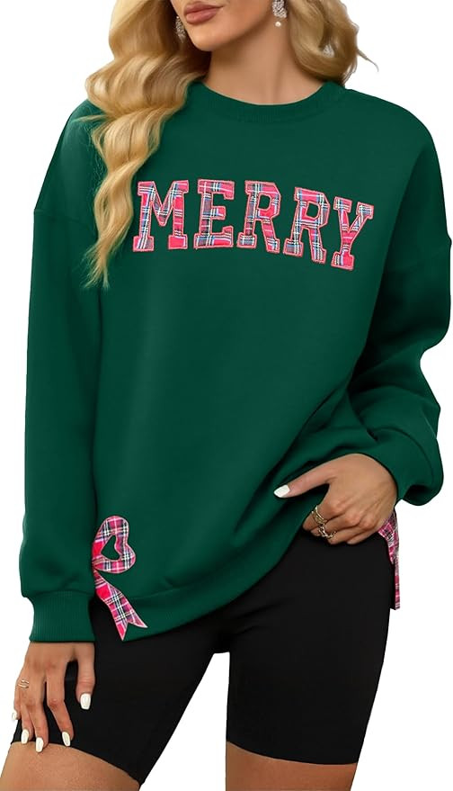 Christmas Sweatshirt Women Merry And Bright Shirts Embroidered Merry Christmas Long Sleeve Tops W... | Amazon (US)
