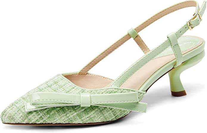 Coutgo Women's Slingback Low Kitten Heels Closed Pointed Toe Bow Pumps Wedding Dress Shoes | Amazon (US)