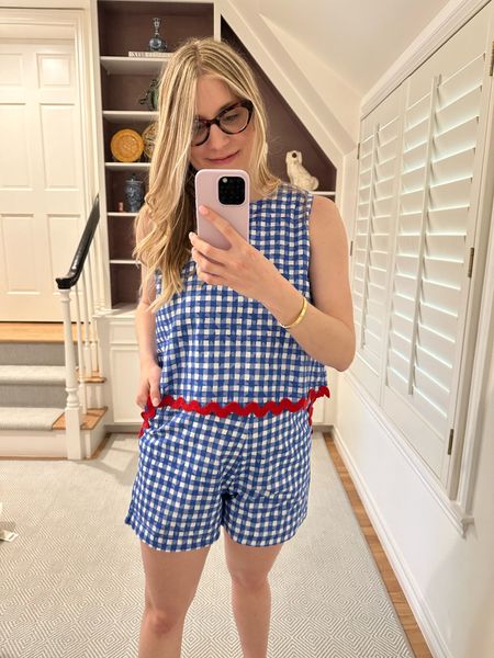 Just got in the cutest matching set that would be perfect for July 4th! I sized up to fit postpartum and love that the shorts have elastic. I couldn’t get over the adorable ric rac! 〰️🩷 matching set, ric rac, summer outfit, 4th of July, Fourth of July, red white and blue 